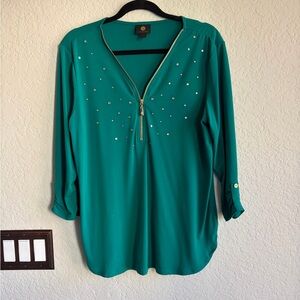 JM Collection Teal Zip-Front Blouse with Embellishments